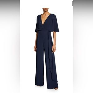 Halston V-Neck Flowy-Sleeve Georgette Jumpsuit w/ Asymmetric Drape